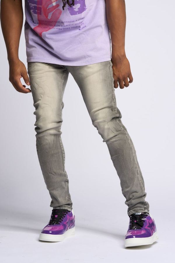 "LOVE IS PAIN" EMBOSSED SKINNY DENIM (CHARCOAL GREY/SAND)