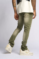 "12 AM MOMENTS" STACKED JEANS (OLIVE)