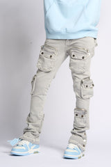 "JOURNEY TO GREATNESS" STACKED CARGO DENIM (COLD GREY)