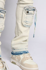 PHEELING ALONE STACK CARGO DENIM (LIGHT BLUE)