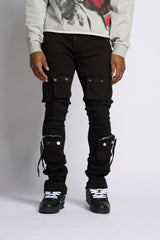 PHEELING ALONE STACK CARGO DENIM (JET BLACK)