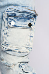 "JOURNEY TO GREATNESS" STACKED CARGO DENIM (LIGHT BLUE)