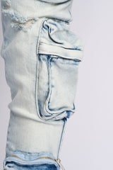 "JOURNEY TO GREATNESS" STACKED CARGO DENIM (LIGHT BLUE)