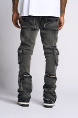"JOURNEY TO GREATNESS" STACKED CARGO DENIM (BLACK)