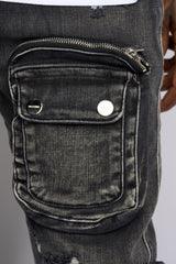 "JOURNEY TO GREATNESS" STACKED CARGO DENIM (BLACK)